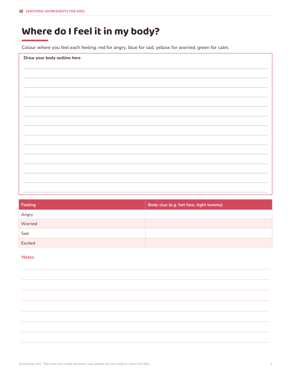 Preview of Body Clues Emotions Worksheet