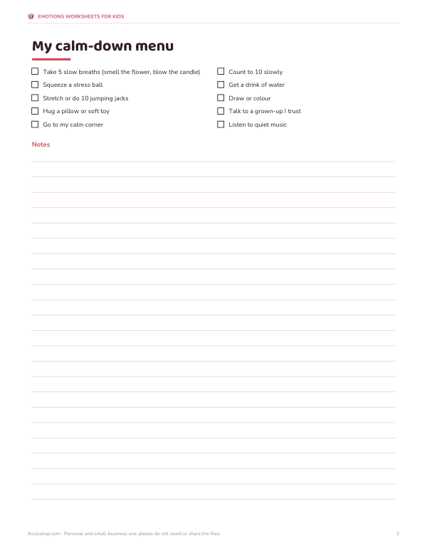 Preview of Printable Calm-Down Strategies Menu