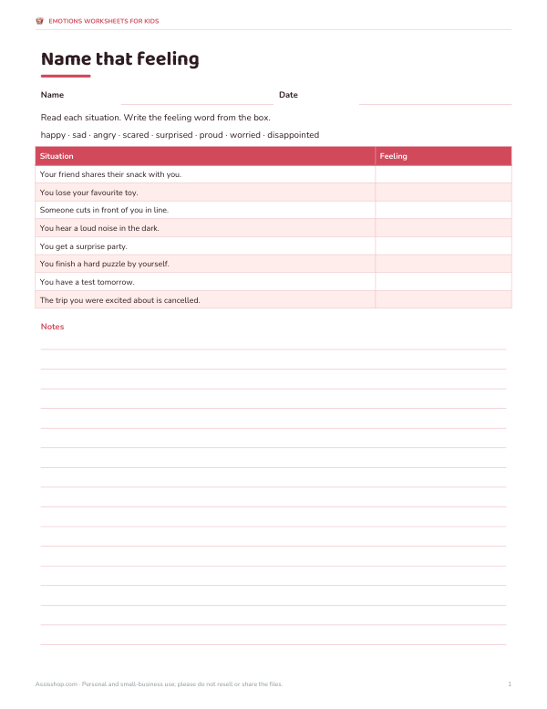 Preview of Printable Name That Feeling Worksheet
